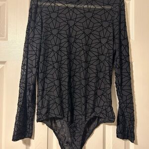 Black Geometric Mesh Long Sleeve Bodysuit – Sheer Modern Fitted Top